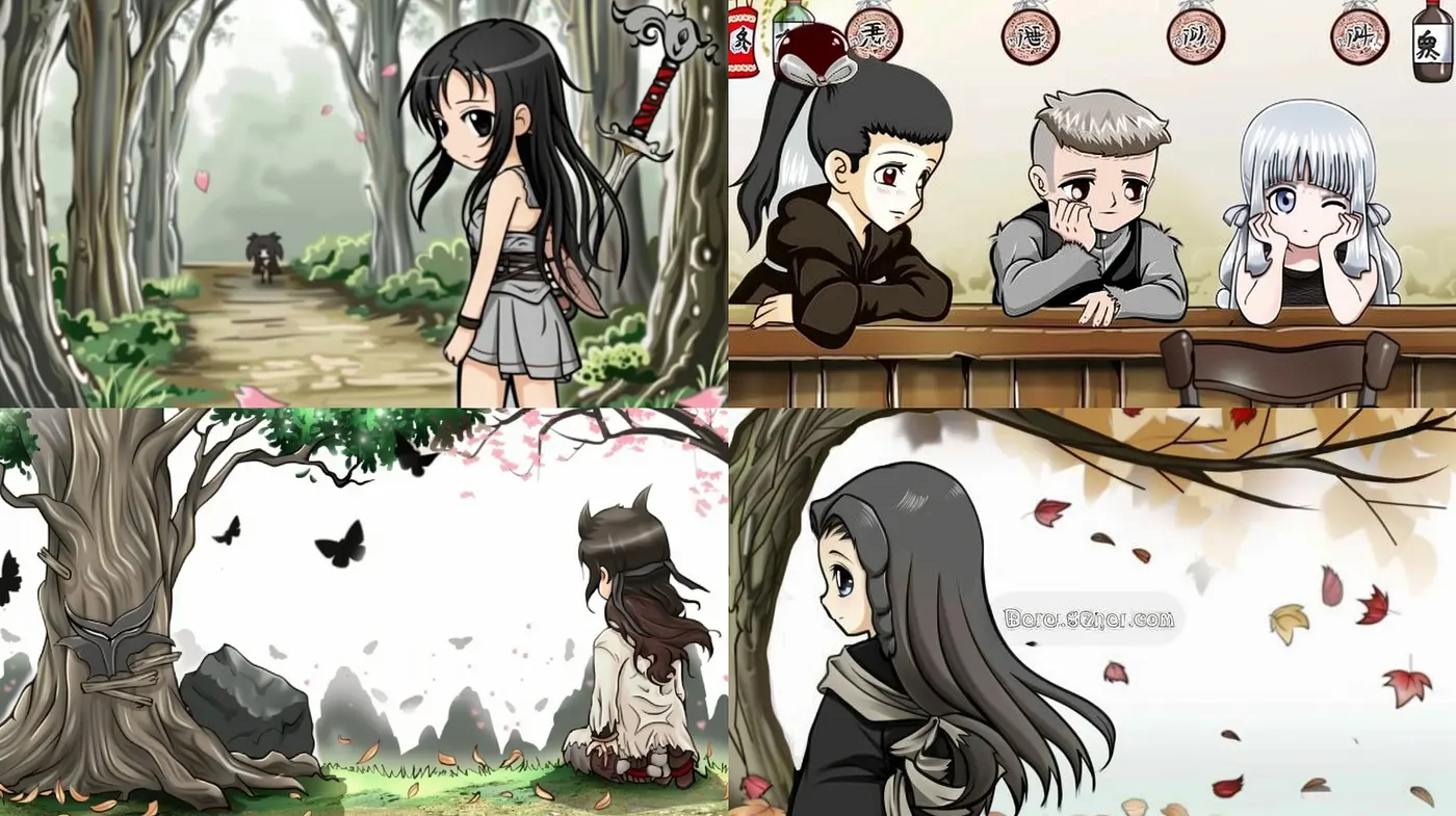 Enchanting Anime-Inspired Serene Forest Tableaux with Subdued Earthy Tones and Consistent Character Design - Midjourney sref style