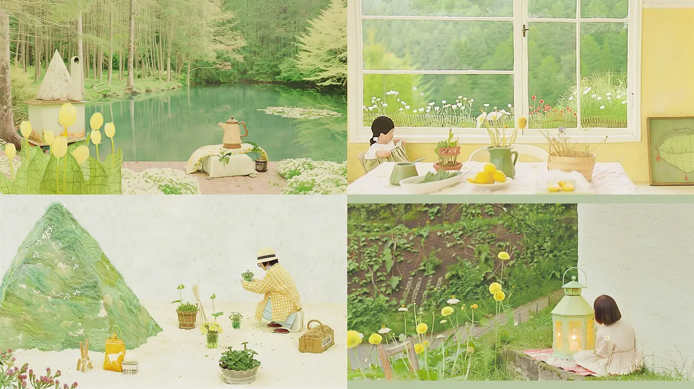 Whimsical Pastoral Serenity: A Harmonious Blend of Soft Hues and Dreamlike Textures - Midjourney sref style