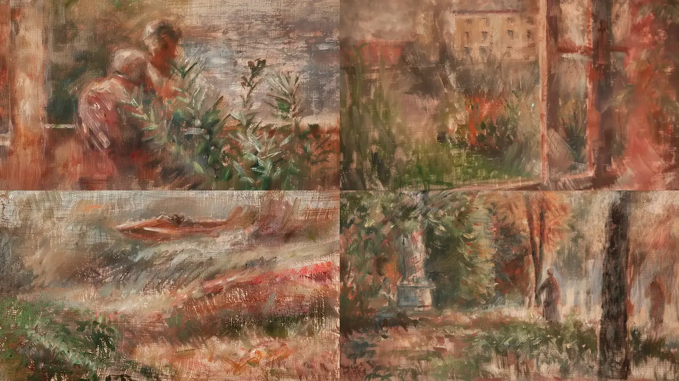 Earthen Brushwork Harmony: A Textured Mélange of Impressionistic and Realist Influences - Midjourney sref style
