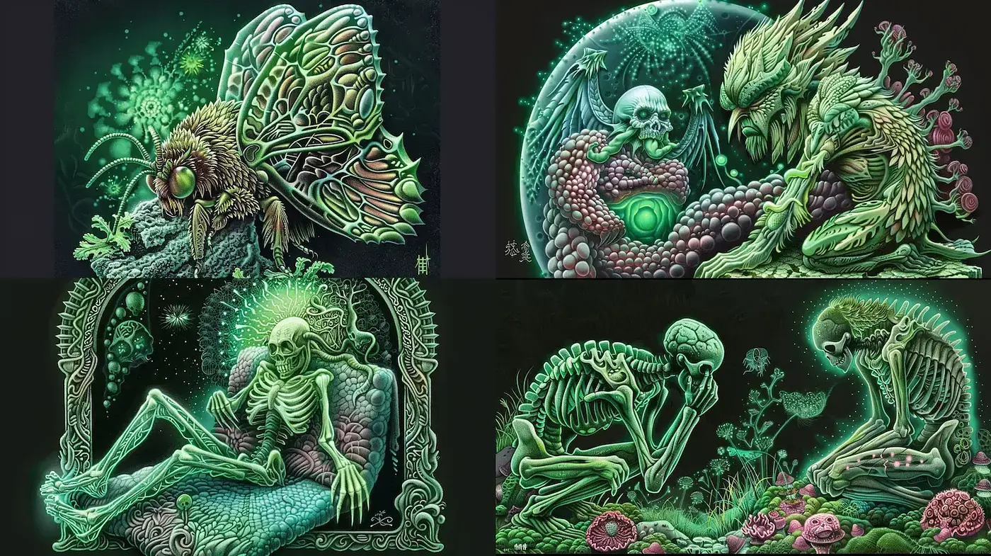 Surreal and Organic Illustrations with Dark Themes - Midjourney sref style