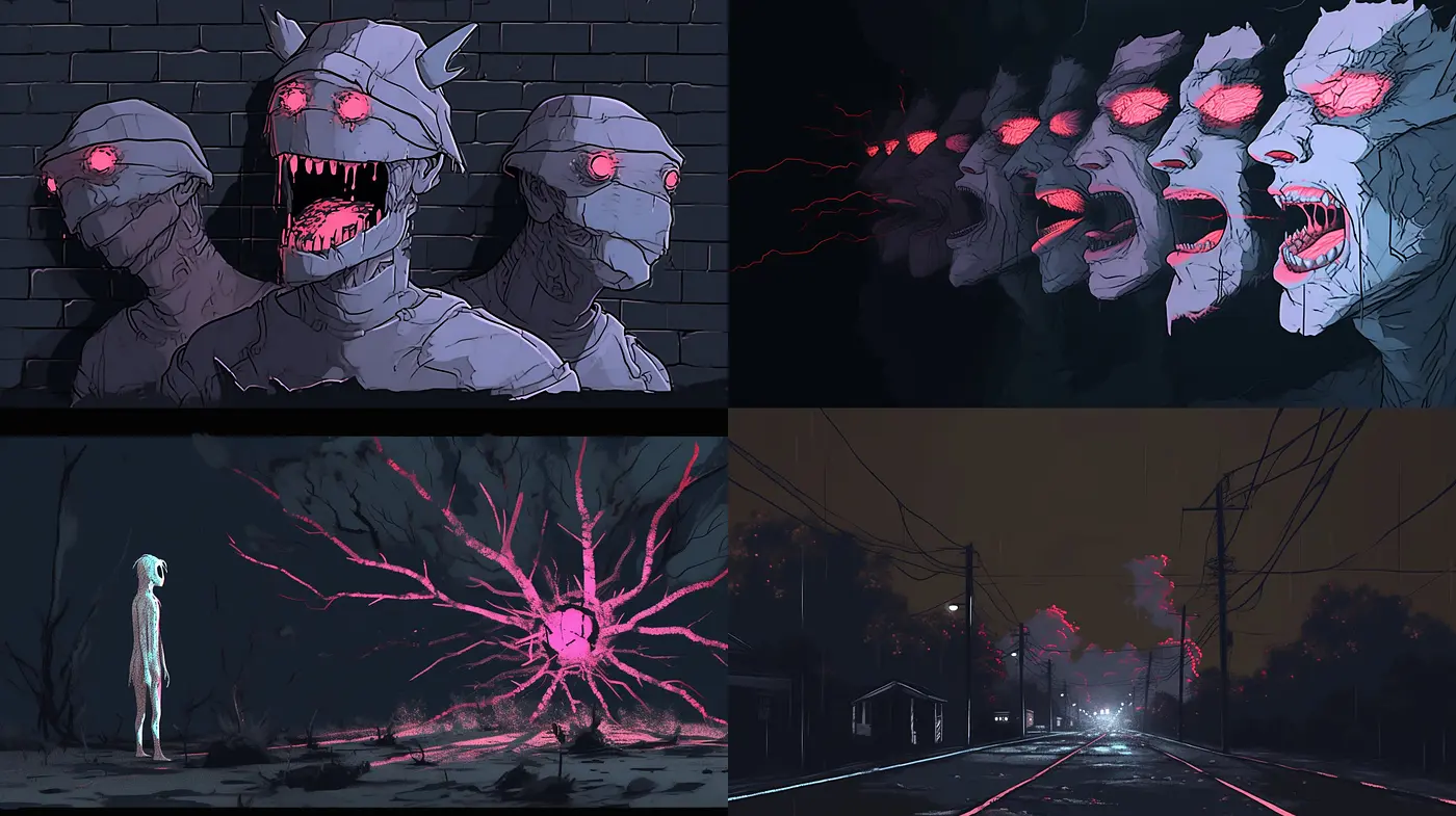 Ethereal Nocturne with Vibrant Sinister Accents - Midjourney sref style