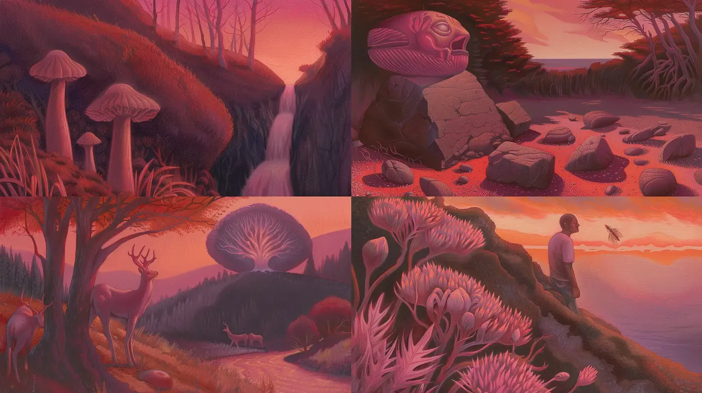 Twilight Serenity in Stylized Nature Scenes - Midjourney sref style