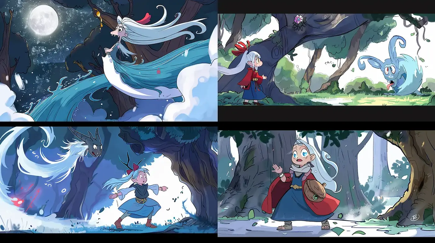 Whimsical Adventure in a Mystical Forest with Playful Characters - Midjourney sref style