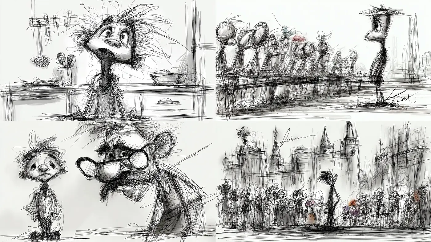 Dynamic and expressive sketch art with whimsical character design - Midjourney sref style