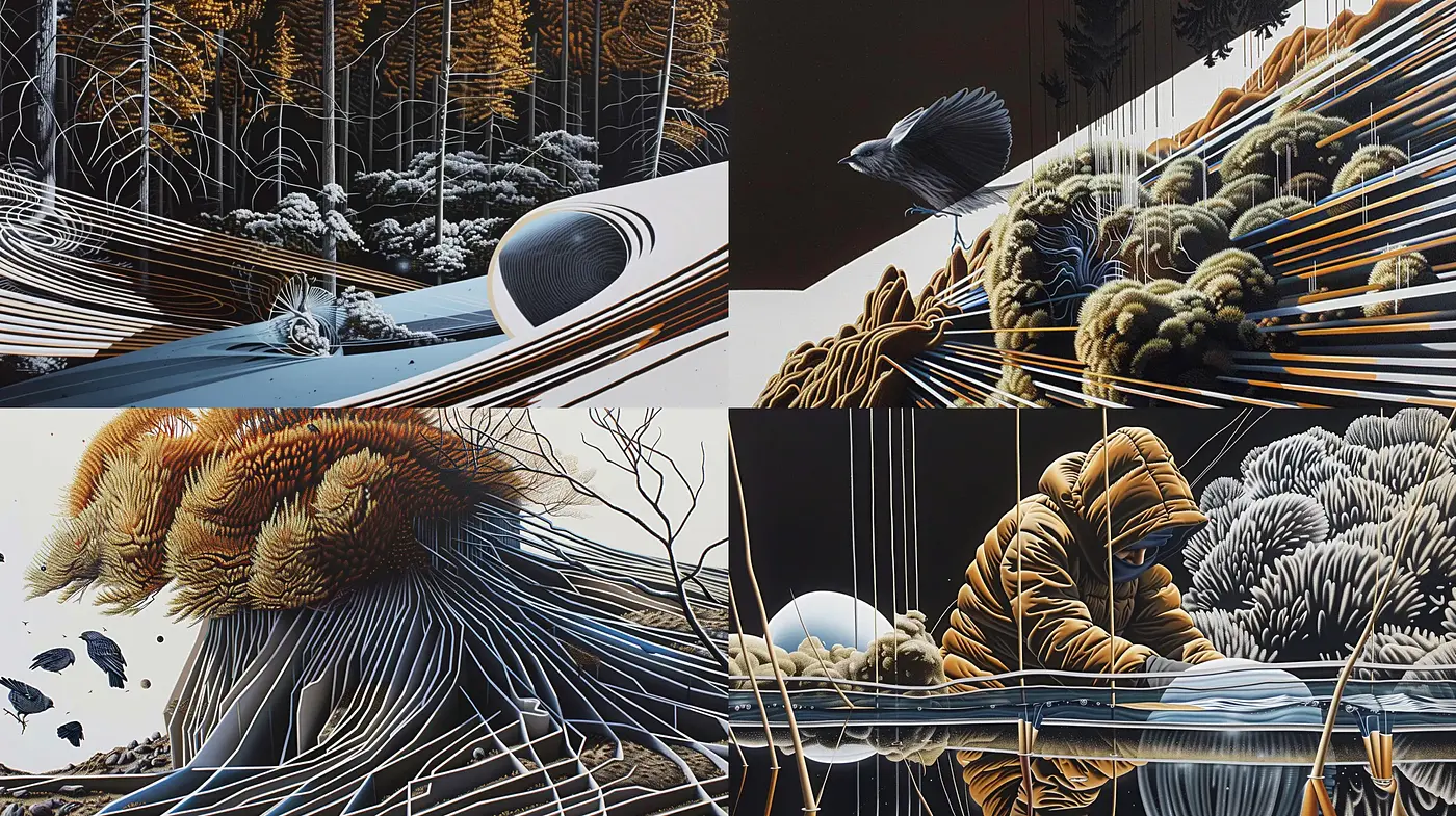 Surreal Nature in Stretched Threadlike Textures - Midjourney sref style