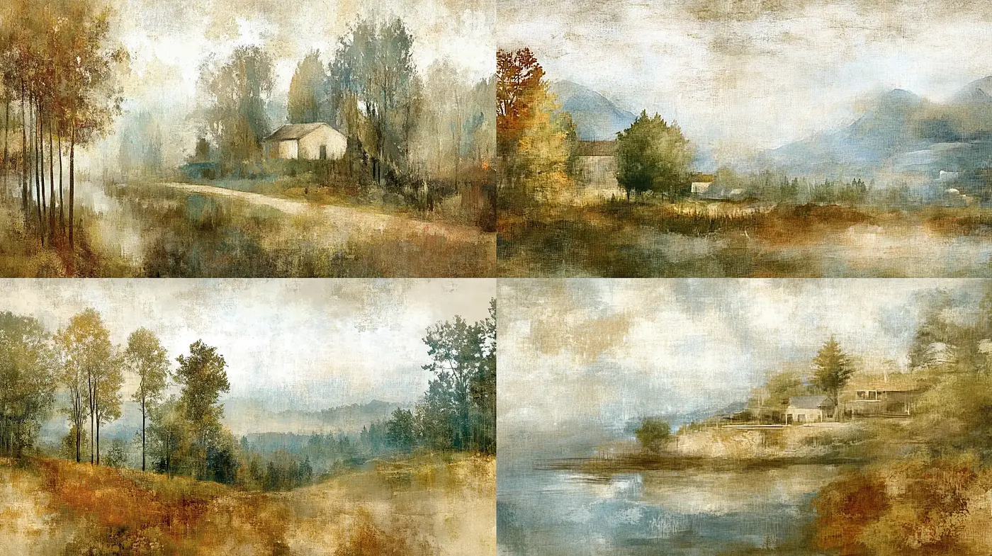 Rustic Pastoral Tableaus with a Harmonious Earth-Toned Aesthetic - Midjourney sref style