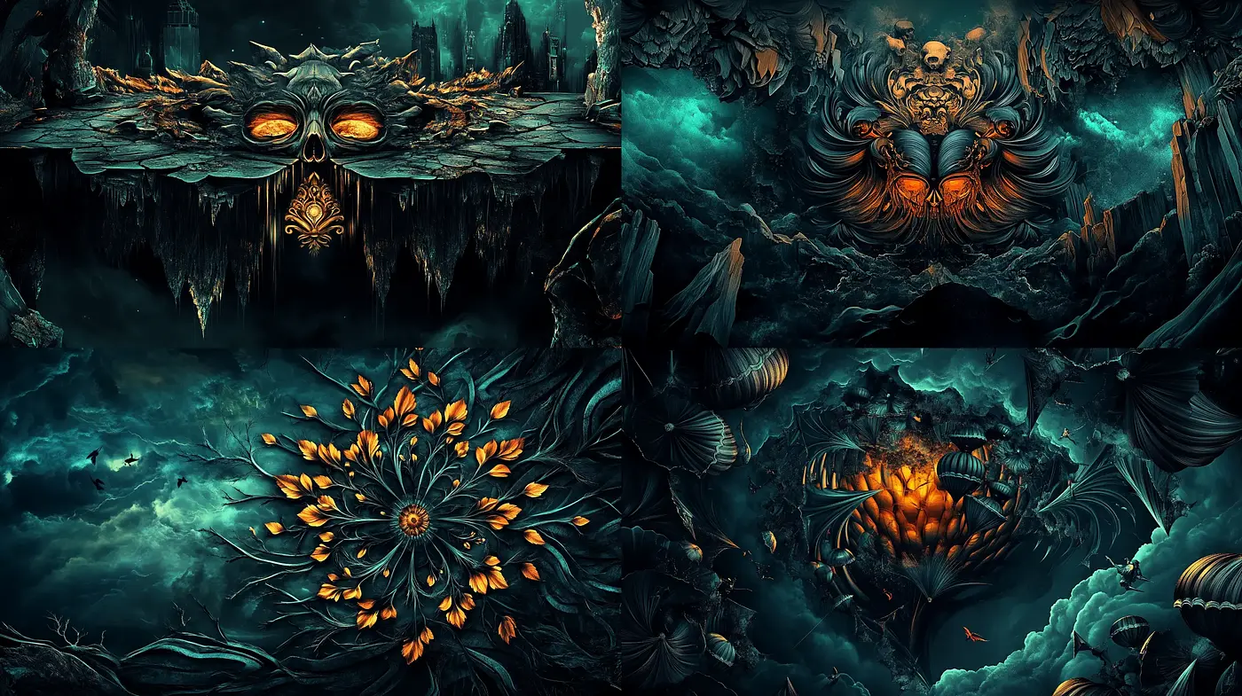Enigmatic Azure Depths: A Fantastical Symmetry in Turquoise and Gold - Midjourney sref style