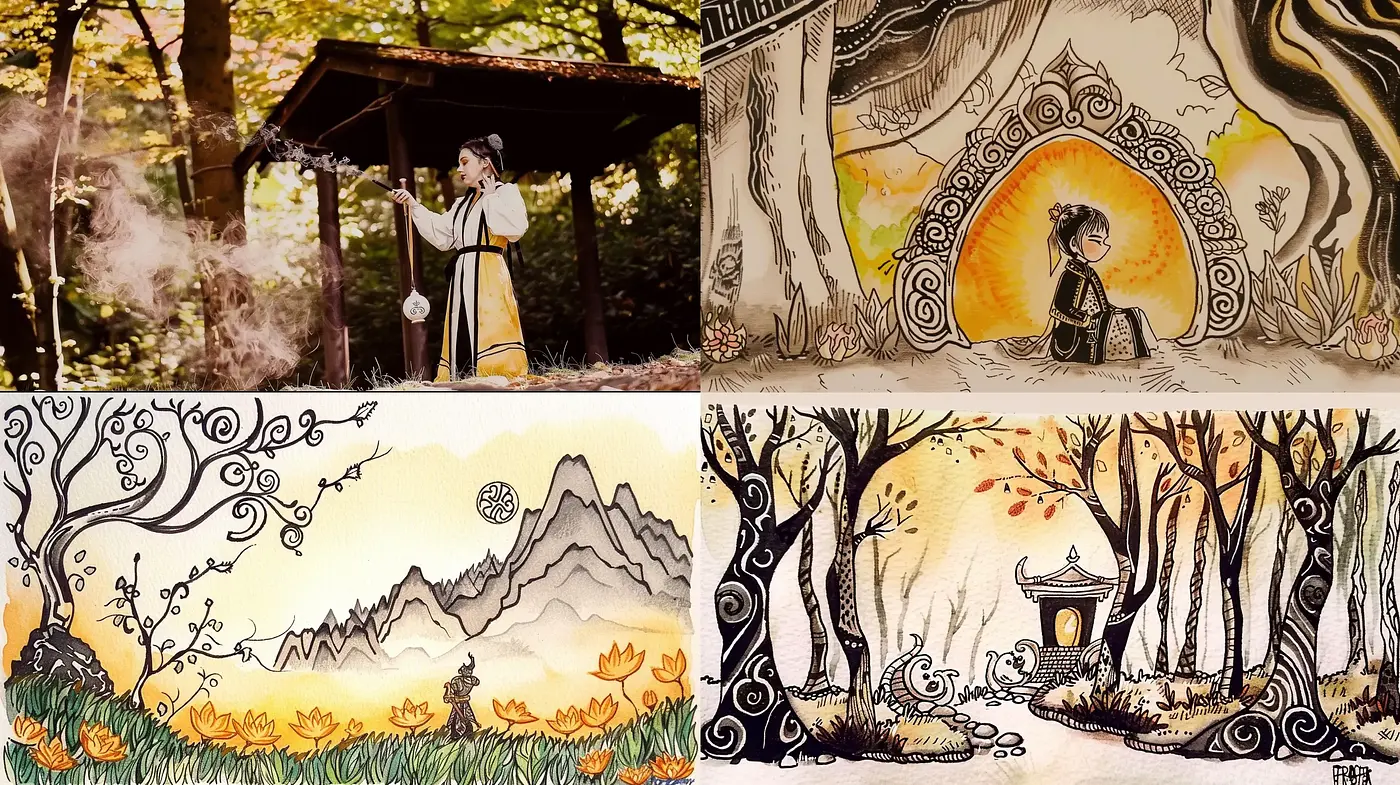 Whimsical Ink-Fantasy Fusion with an Autumnal Touch - Midjourney sref style