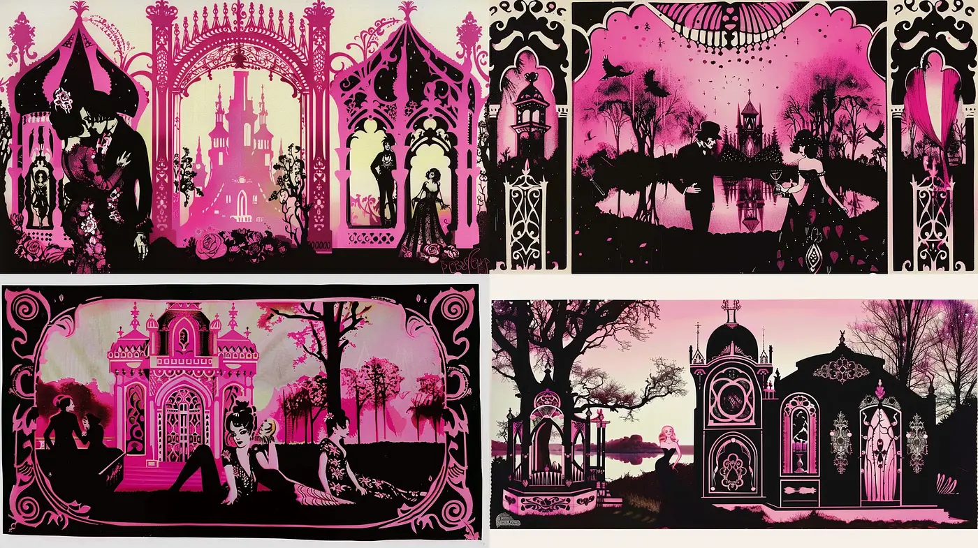 Gothic Silhouette Fantasia with a Candy-Colored Twilight Palette - Midjourney sref style