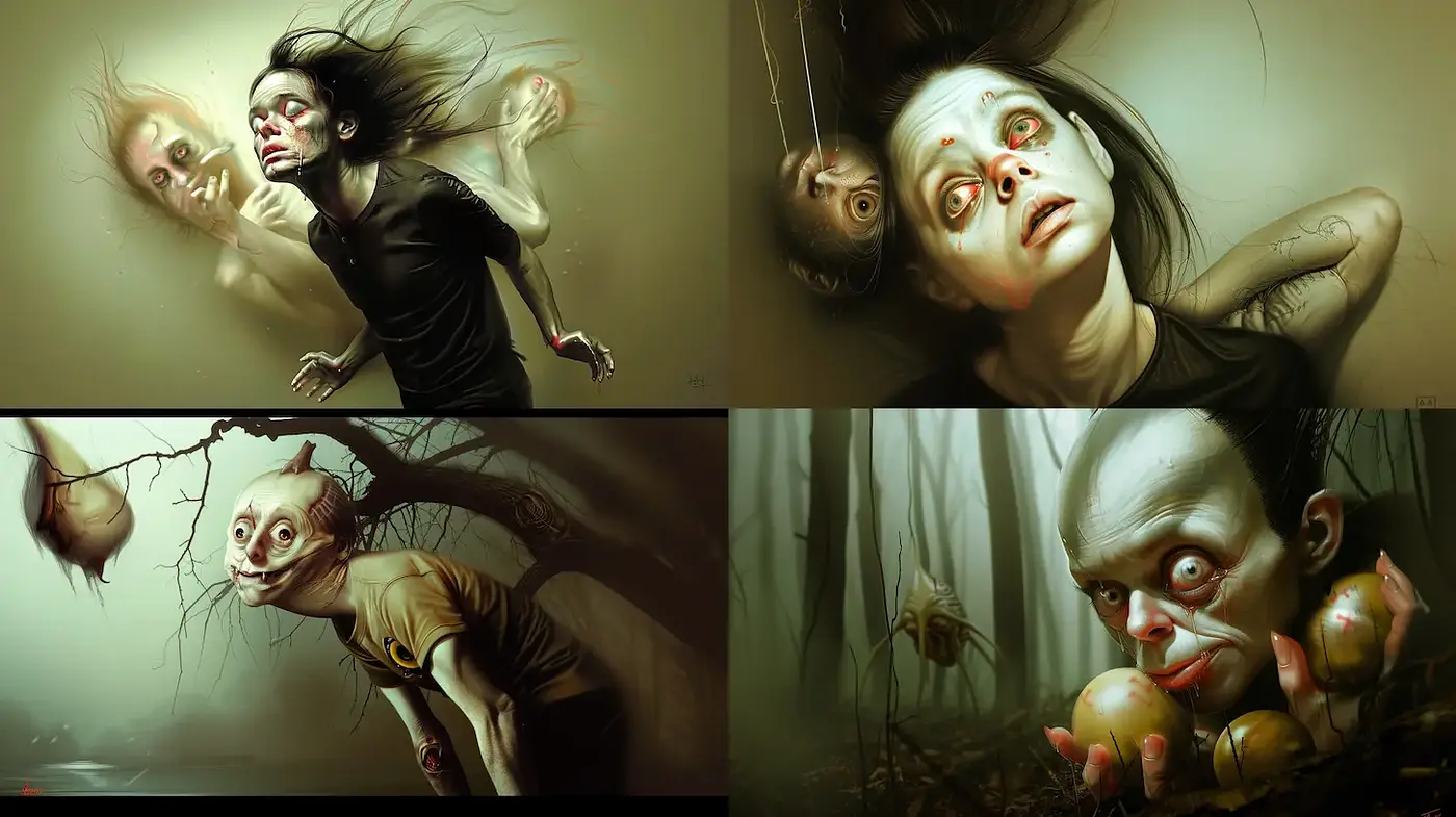 Eerie and Distorted Surrealism with Monstrous Features and Dark Undertones - Midjourney sref style