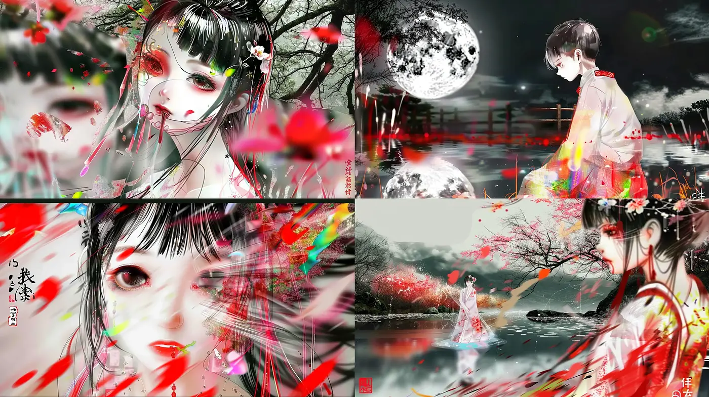 Ethereal Crimson Brushstrokes: A Fusion of Traditional Asian Art and Contemporary Abstract Expressionism - Midjourney sref style