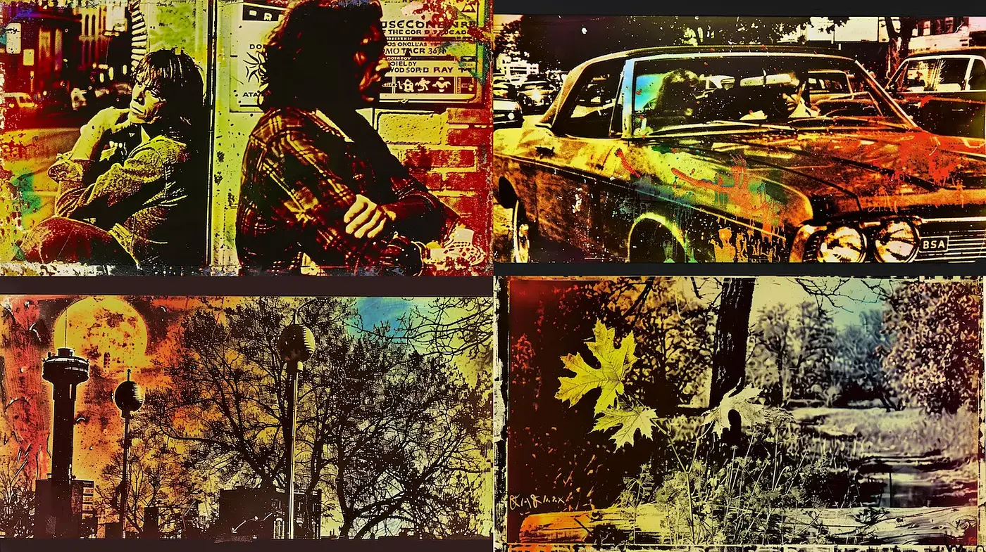 Vibrant and nostalgic urban landscape with multifaceted textures - Midjourney sref style