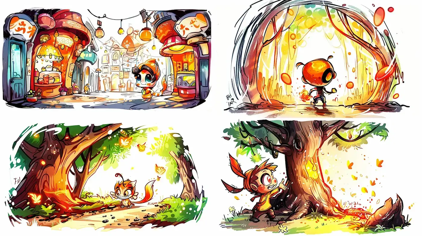 Whimsical and Playful Illustrations with Bright, Organic Elements - Midjourney sref style