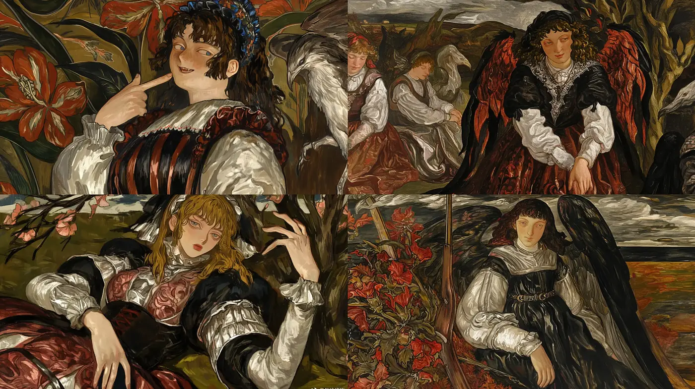 Ethereal Renaissance Revival with Angelic Inspirations and Deep Earthy Tones - Midjourney sref style