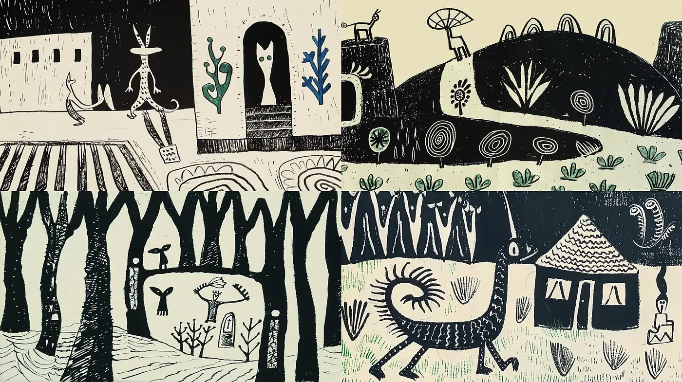 Primitive Folklore Fusion with Whimsical Monochrome Patterns - Midjourney sref style