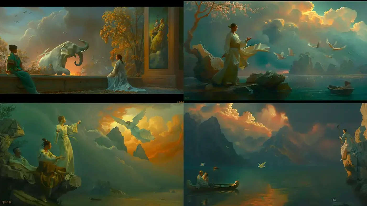 Ethereal landscapes with harmonious characters in vibrant environments - Midjourney sref style