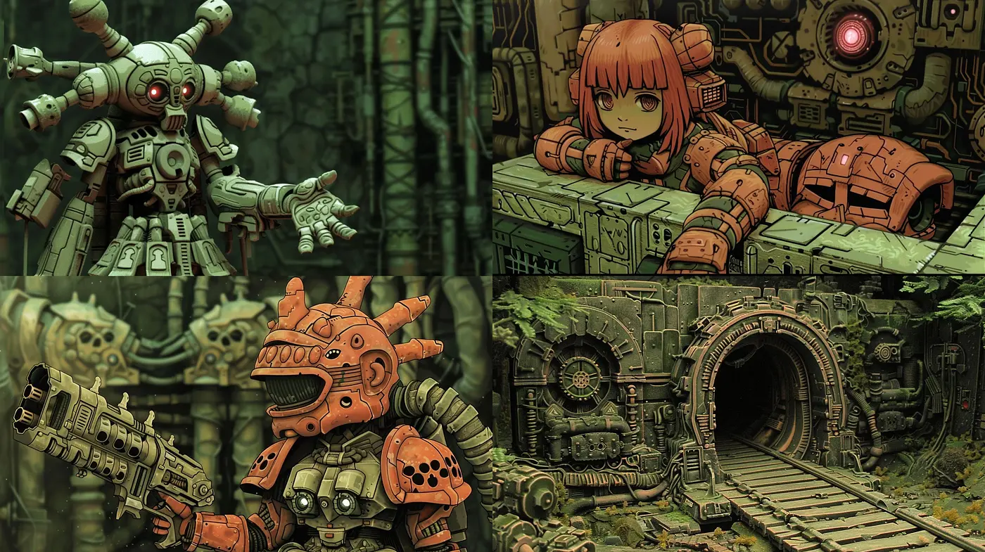 Mechanized Nostalgia in Overgrown Ruins: A Fusion of Steampunk and Biomechanical Artistry - Midjourney sref style
