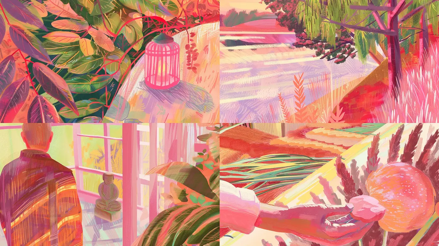 Sunset Hues and Strokes of Nature: A Harmonious Fusion of Warmth and Organic Forms - Midjourney sref style