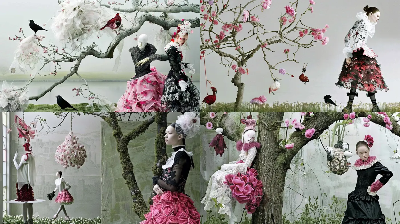 Ethereal Elegance: A Harmonized Fantasy of Florals and Fashion - Midjourney sref style