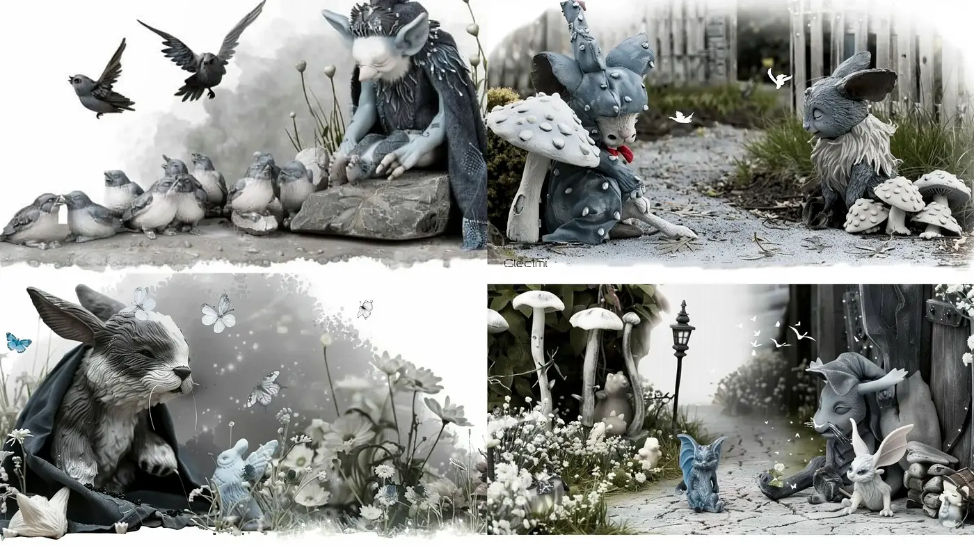 Enigmatic Whimsy in Monochrome: A Fantastical Fusion of Natural Elements with Surreal Overtones - Midjourney sref style
