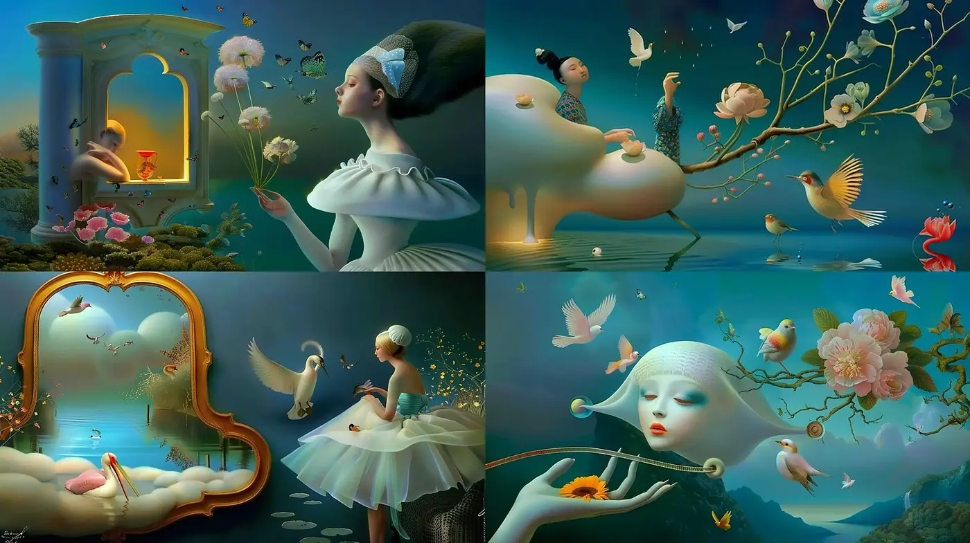 Surreal Dreamscapes with Ethereal Grace and Nature's Whimsy - Midjourney sref style