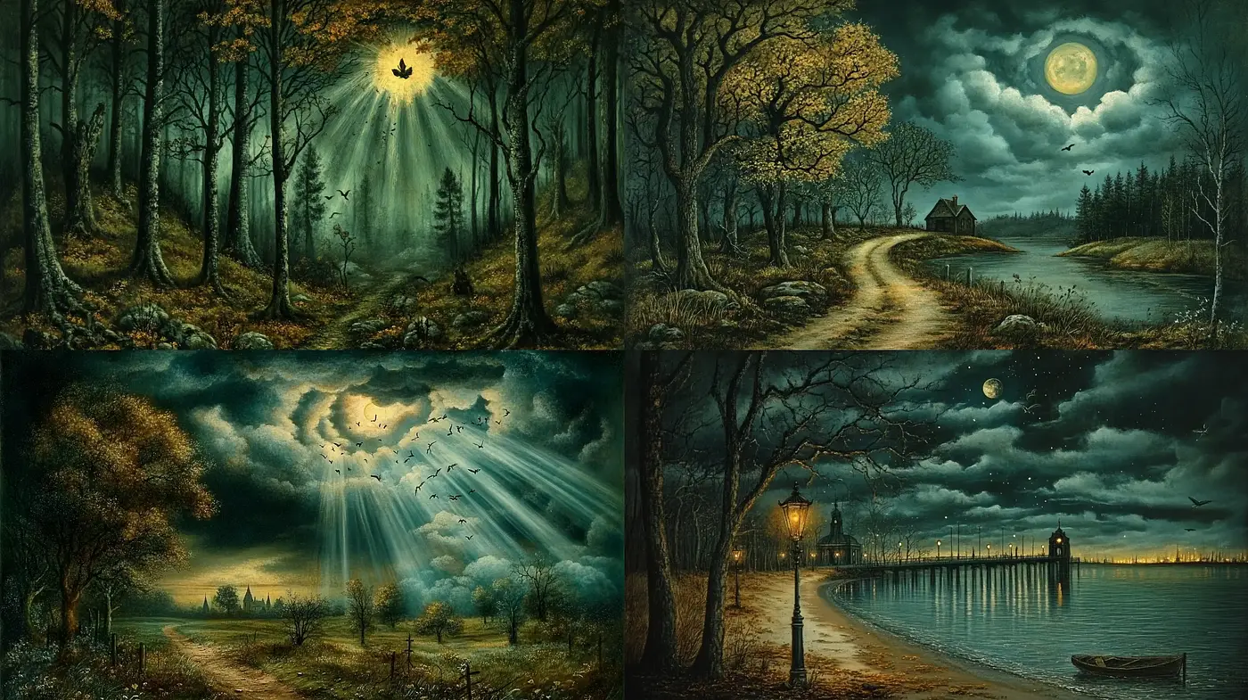 Mystical Nocturnal Landscape Interpretations with Ethereal Luminosity - Midjourney sref style