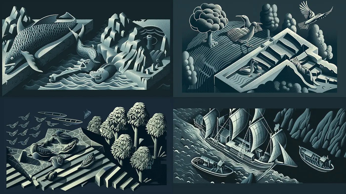Monochromatic Visions in Chiaroscuro: A Modern Interpretation of Vintage Woodcut Illustrations - Midjourney sref style