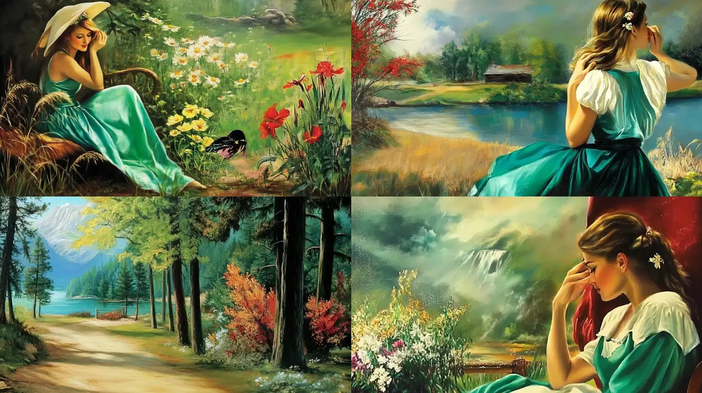 Pastoral Elegance in Lush Landscape Vignettes - Midjourney sref style