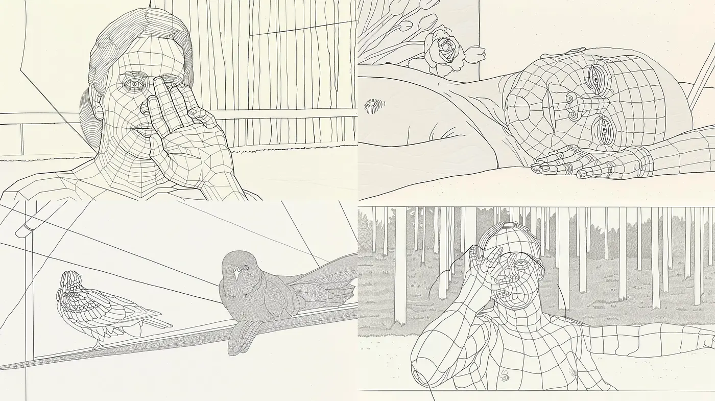 Monochromatic Sepia-toned Sketches with Geometric Overlay - Midjourney sref style