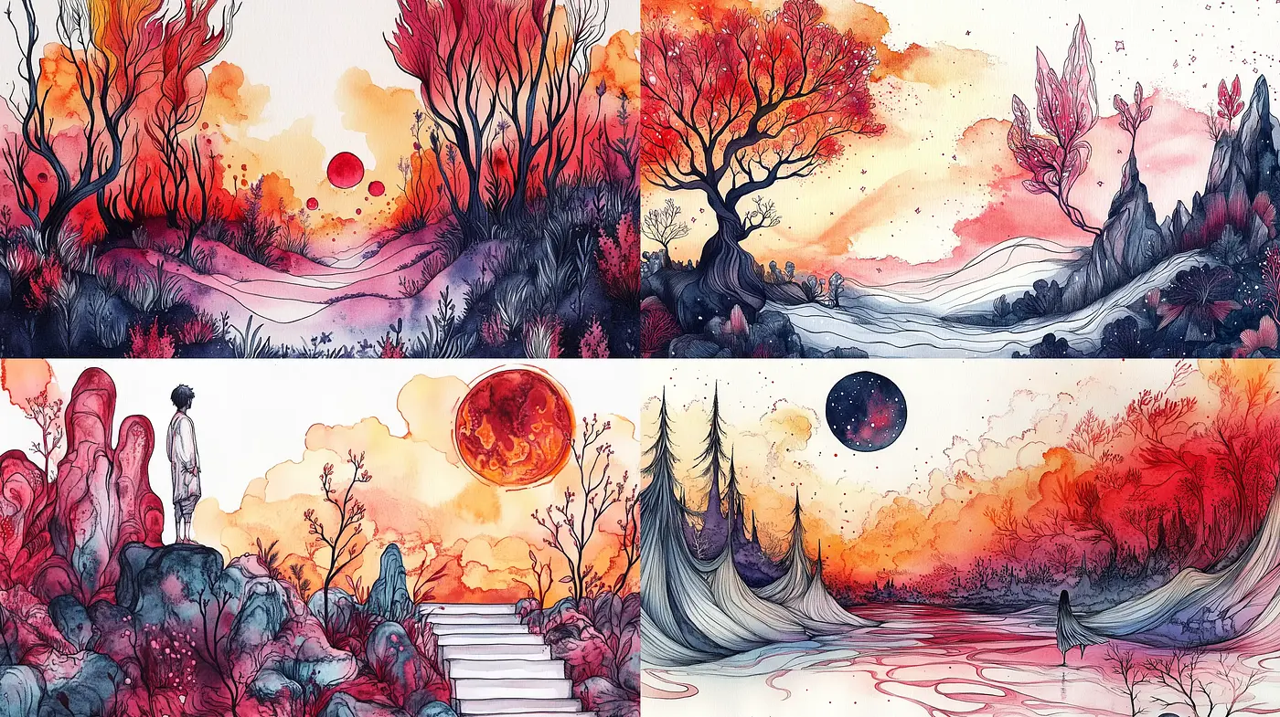Ethereal Crimson Dreamscape: An Ode to Surreal Fantasy - Midjourney sref style