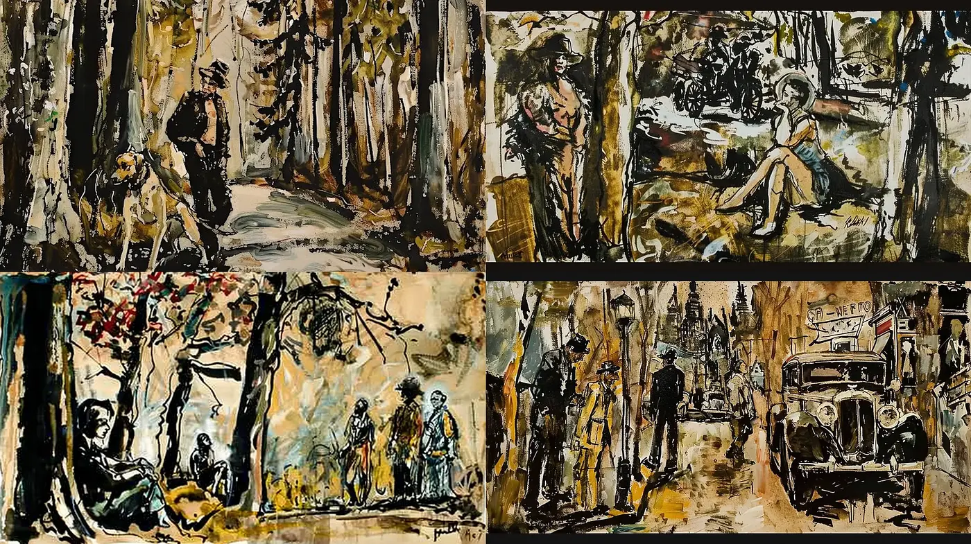 Energetic Brushwork Encounters Somber Tonalities: Cross-era Figurative Narratives - Midjourney sref style