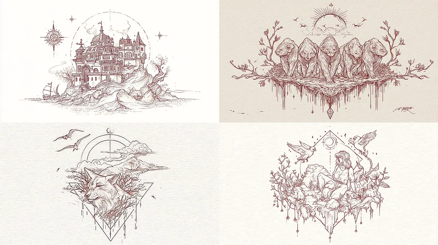 Surreal Illustrative Style with Intricate Line Work and Earthy Tones - Midjourney sref style