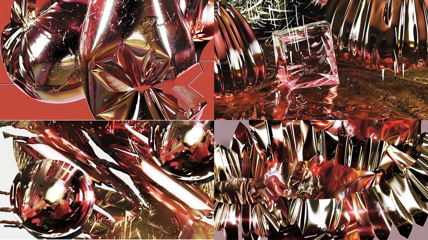 Lustrous Crimson Contrasts: A Fusion of Modern Reflectivity and Vivid Hues - Midjourney sref style
