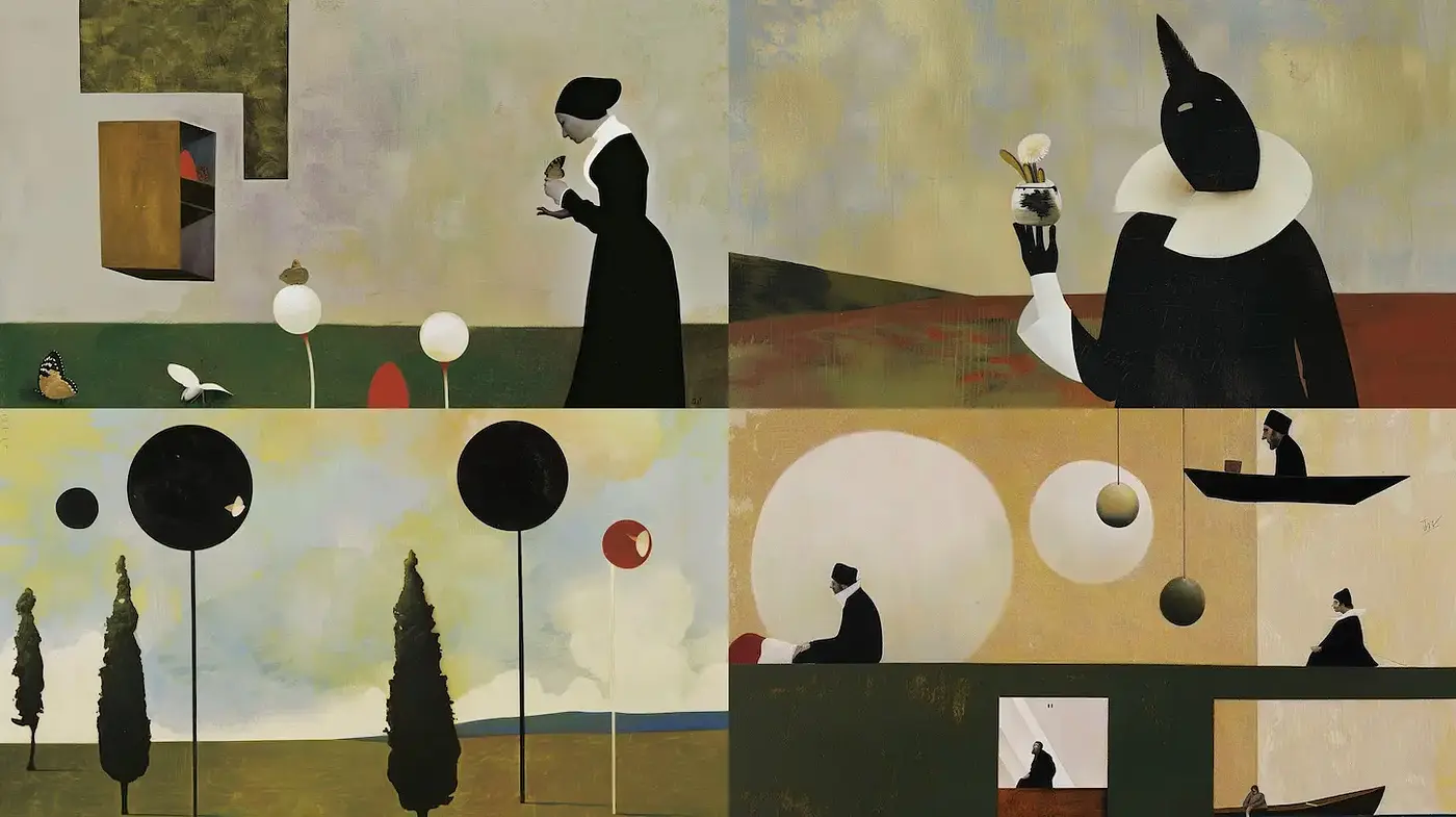 Contemporary surrealism with geometric abstraction and playful elements - Midjourney sref style