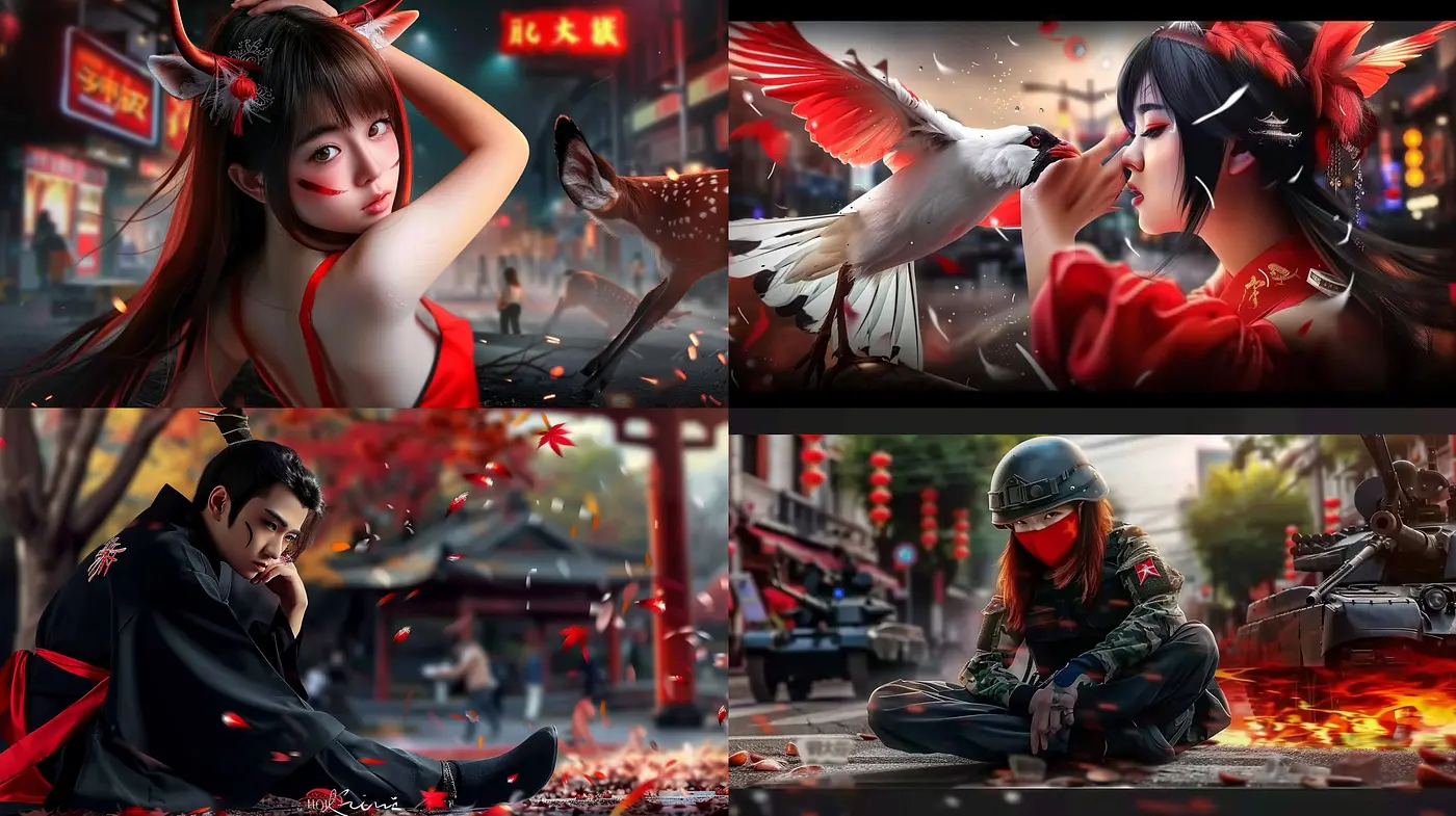 Ethereal Urban Serenity: A Fusion of Anime Elegance and Red-Toned Reality - Midjourney sref style