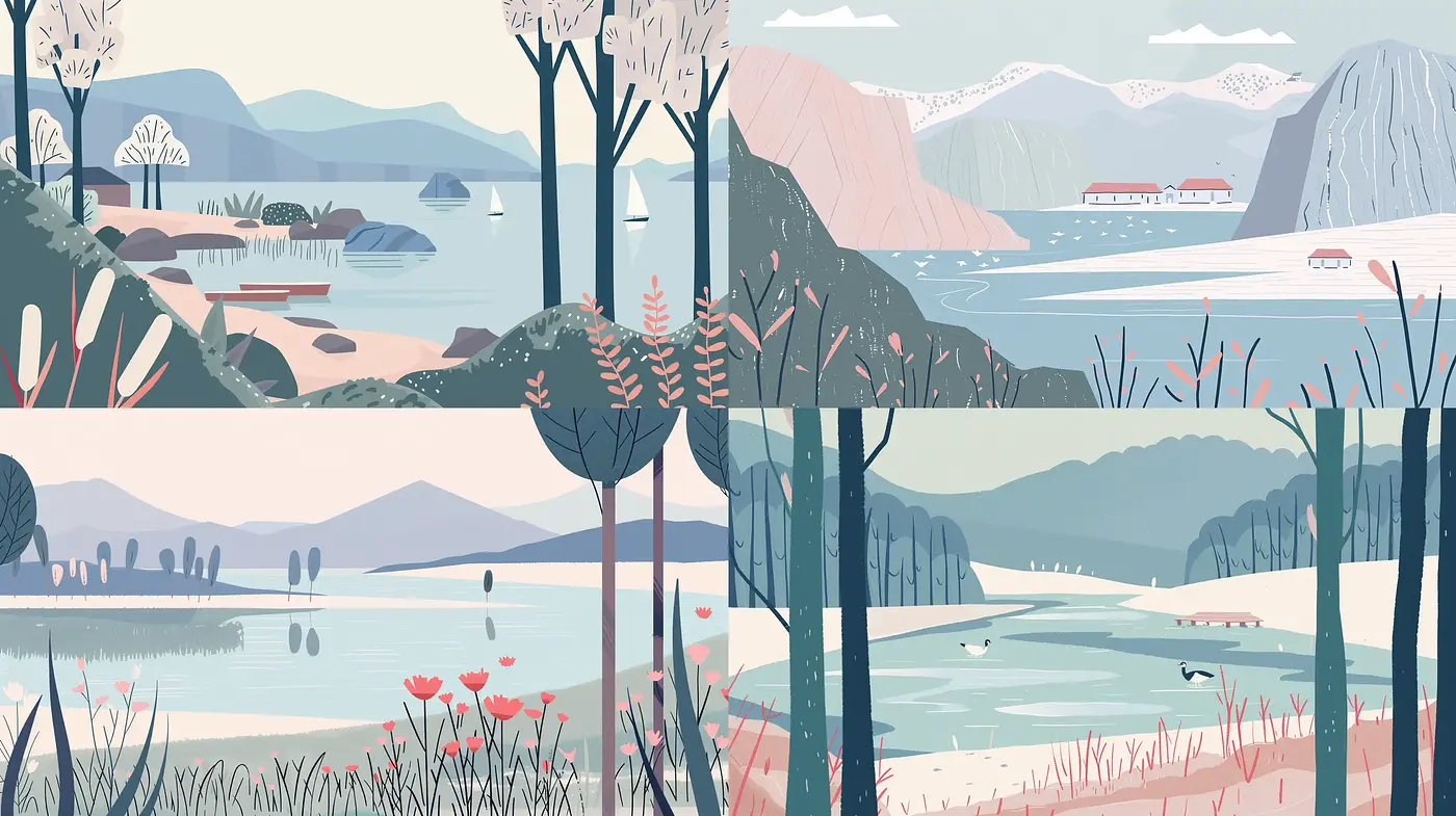 Serene Pastel Landscapes with Stylized Natural Elements - Midjourney sref style