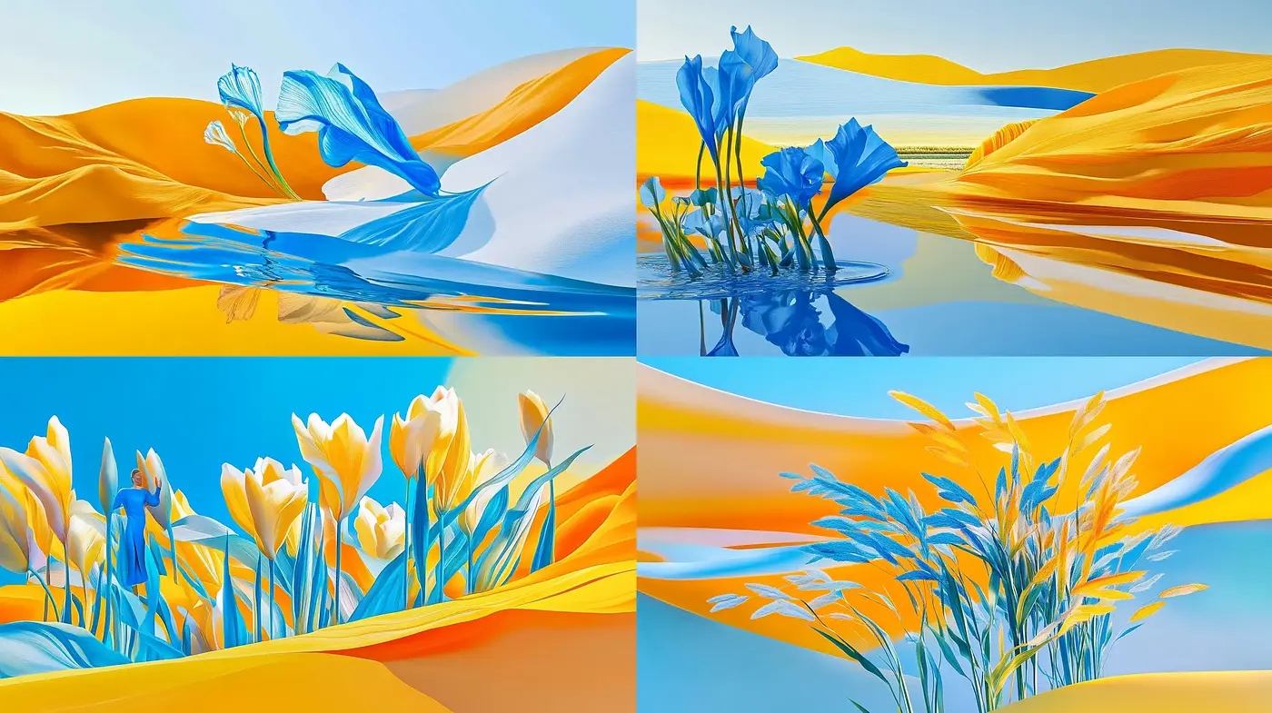 Surreal Landscape Symphonies in Vivid Blues and Yellows - Midjourney sref style