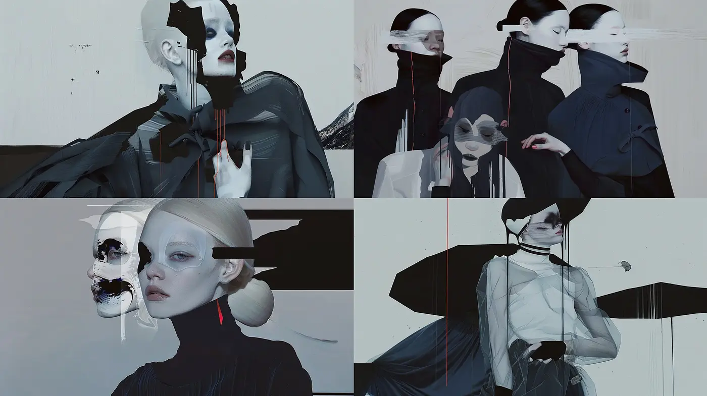 Monochromatic Enigma: A Fusion of Surrealism and Digital Avant-Garde - Midjourney sref style