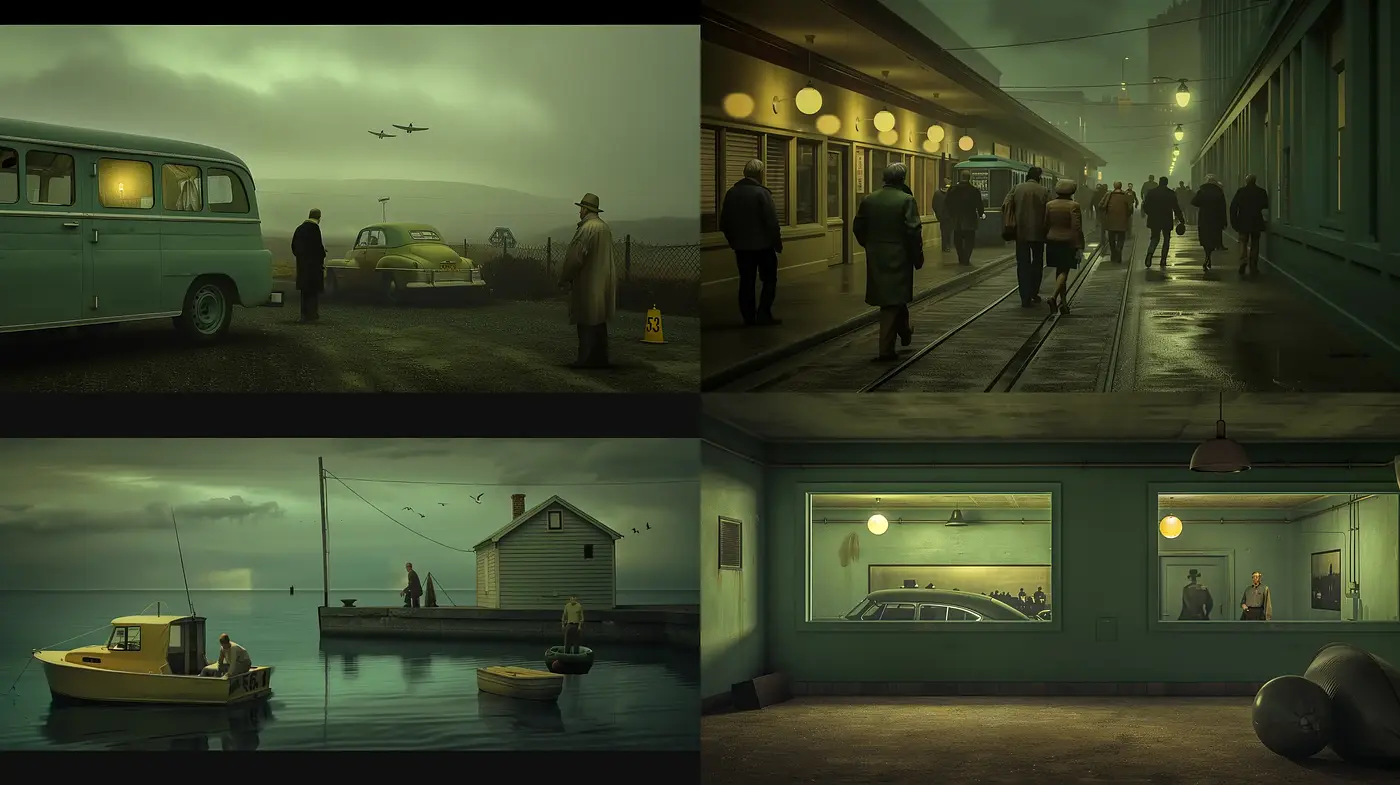 Twilight Hues of Solitude in Mid-Century Narratives - Midjourney sref style