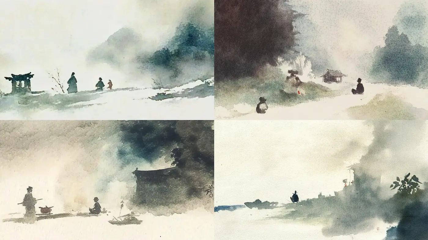 Ethereal Watercolor Washes and Asian Ink Influence - Midjourney sref style