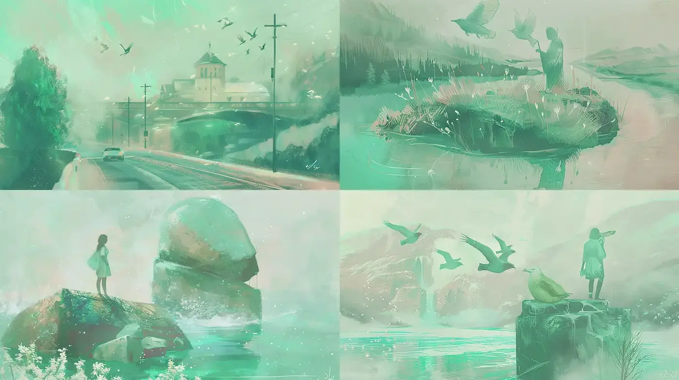 Whimsical and Tranquil Landscapes with Ethereal Elements - Midjourney sref style