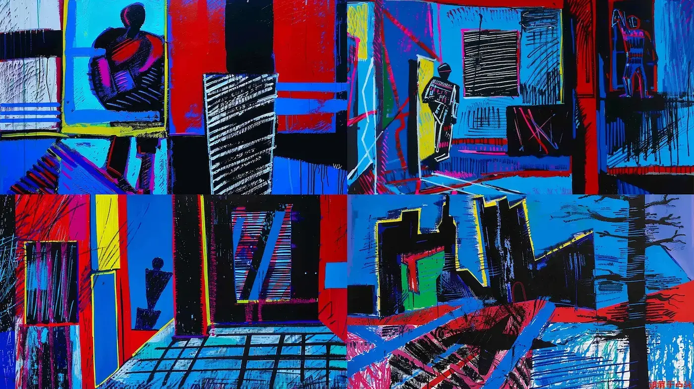Vibrant Abstract Interior Scenes with Strong Graphic Qualities - Midjourney sref style