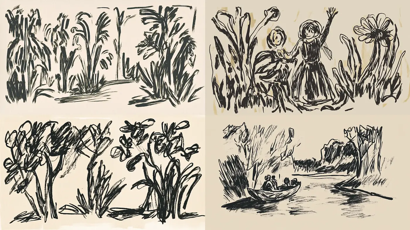 Ink-Sketched Serenity: Monochrome Moments Captured in Strokes - Midjourney sref style