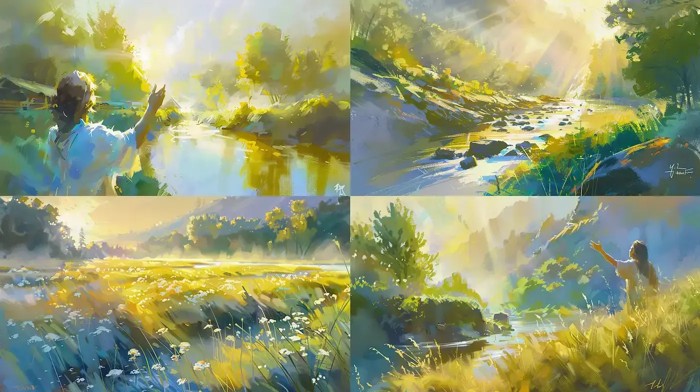 Luminous Pastoral Dreamscapes with Impressionistic Touch - Midjourney sref style