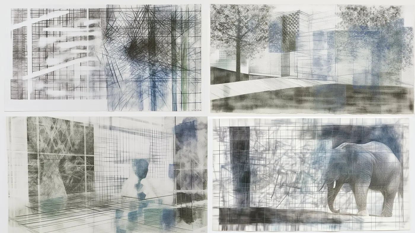 Ethereal Blueprint Dreamscape: A Homage to Architectural Draftsmanship and Surrealist Exploration - Midjourney sref style