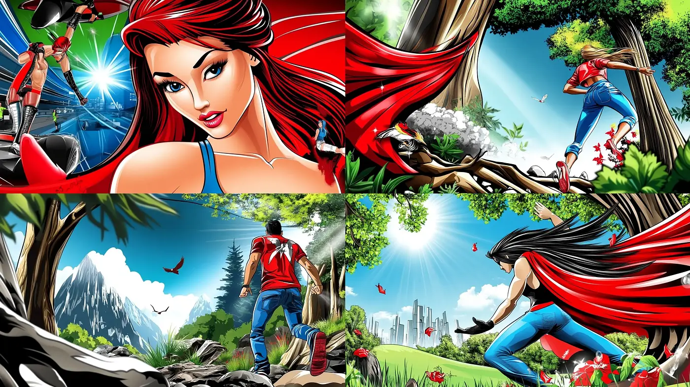 Dynamic Superhero Comic Book Aesthetics with Consistent Vibrant Environments - Midjourney sref style