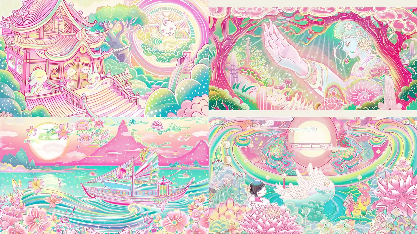 Dreamy Pastel Panorama of Abstracted Traditional Asian Scenes - Midjourney sref style