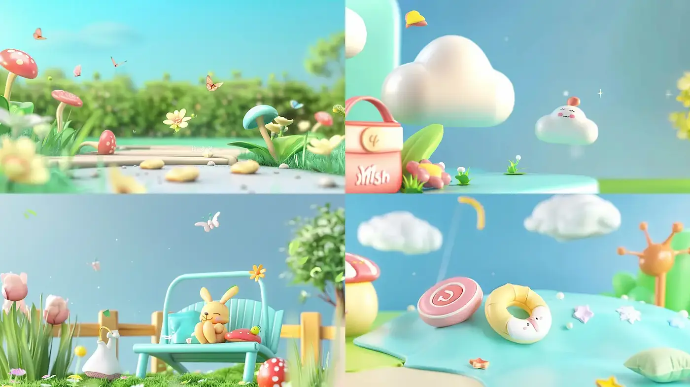 Whimsical and Playful 3D Environments with a Soft Aesthetic - Midjourney sref style