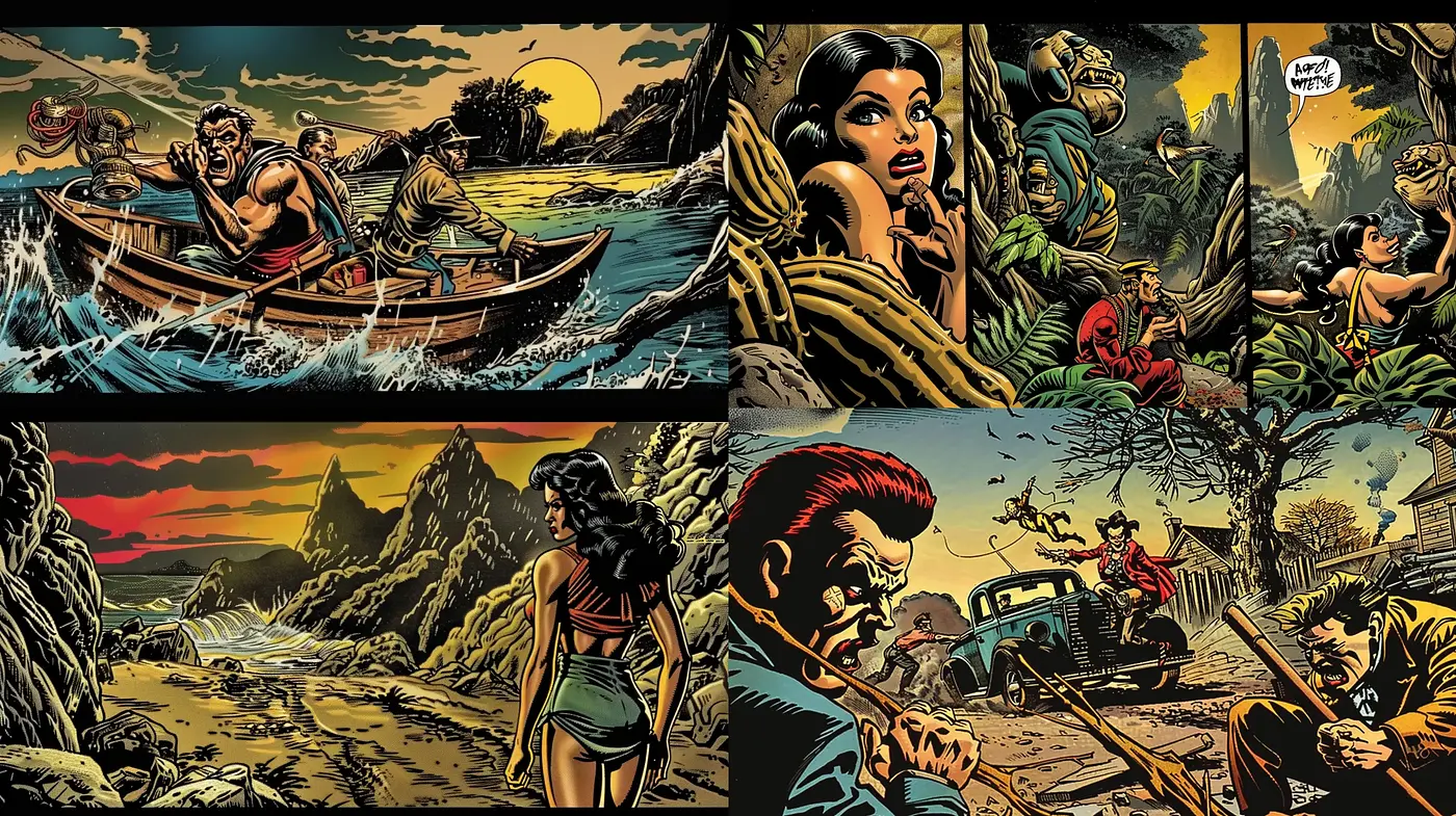 Pulp Adventure Tales: A Nostalgic Comic Book Tribute - Midjourney sref style