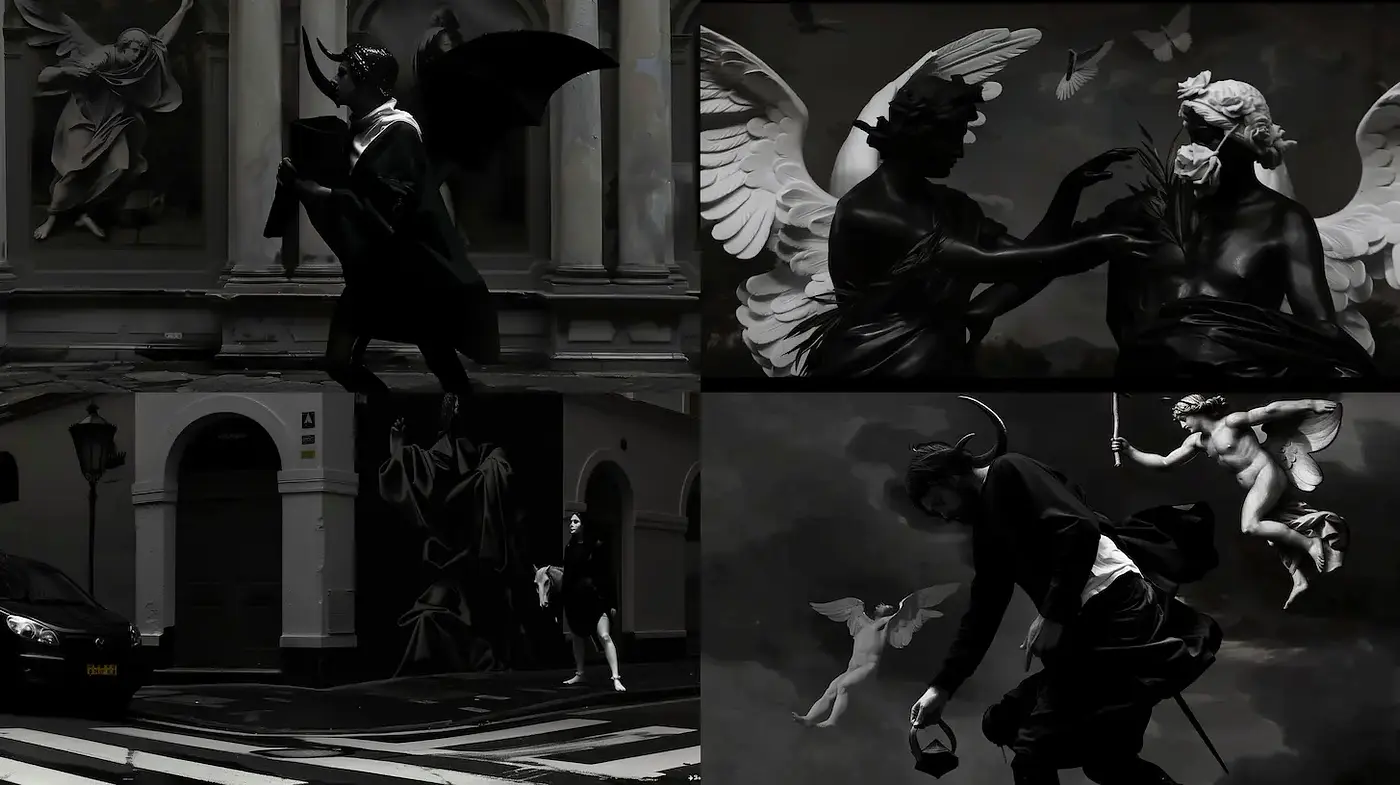 Dramatic and Ethereal Black and White Compositions with Classical Influences - Midjourney sref style